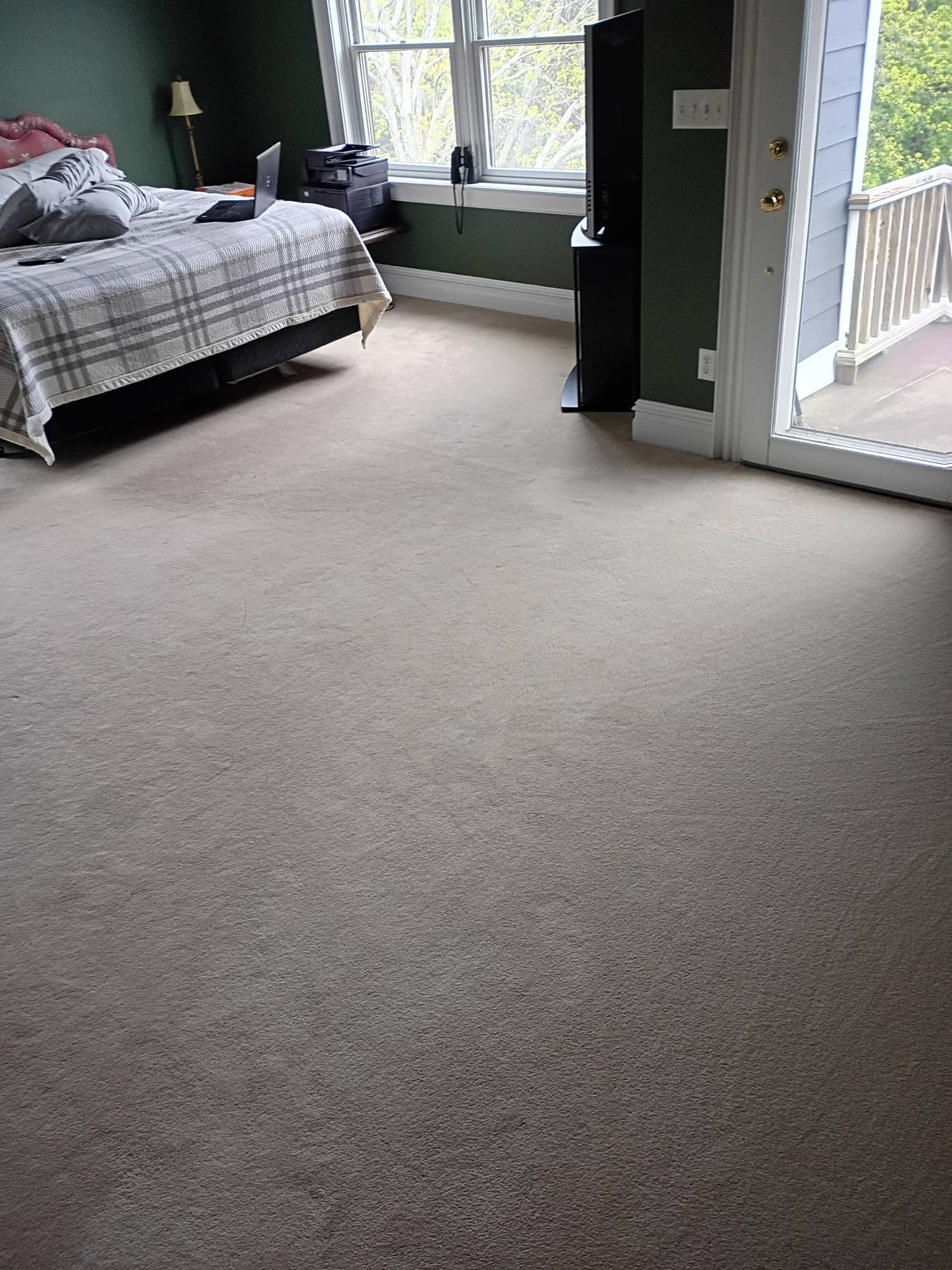 Bright bedroom with bed, TV and deck door before carpet cleaning