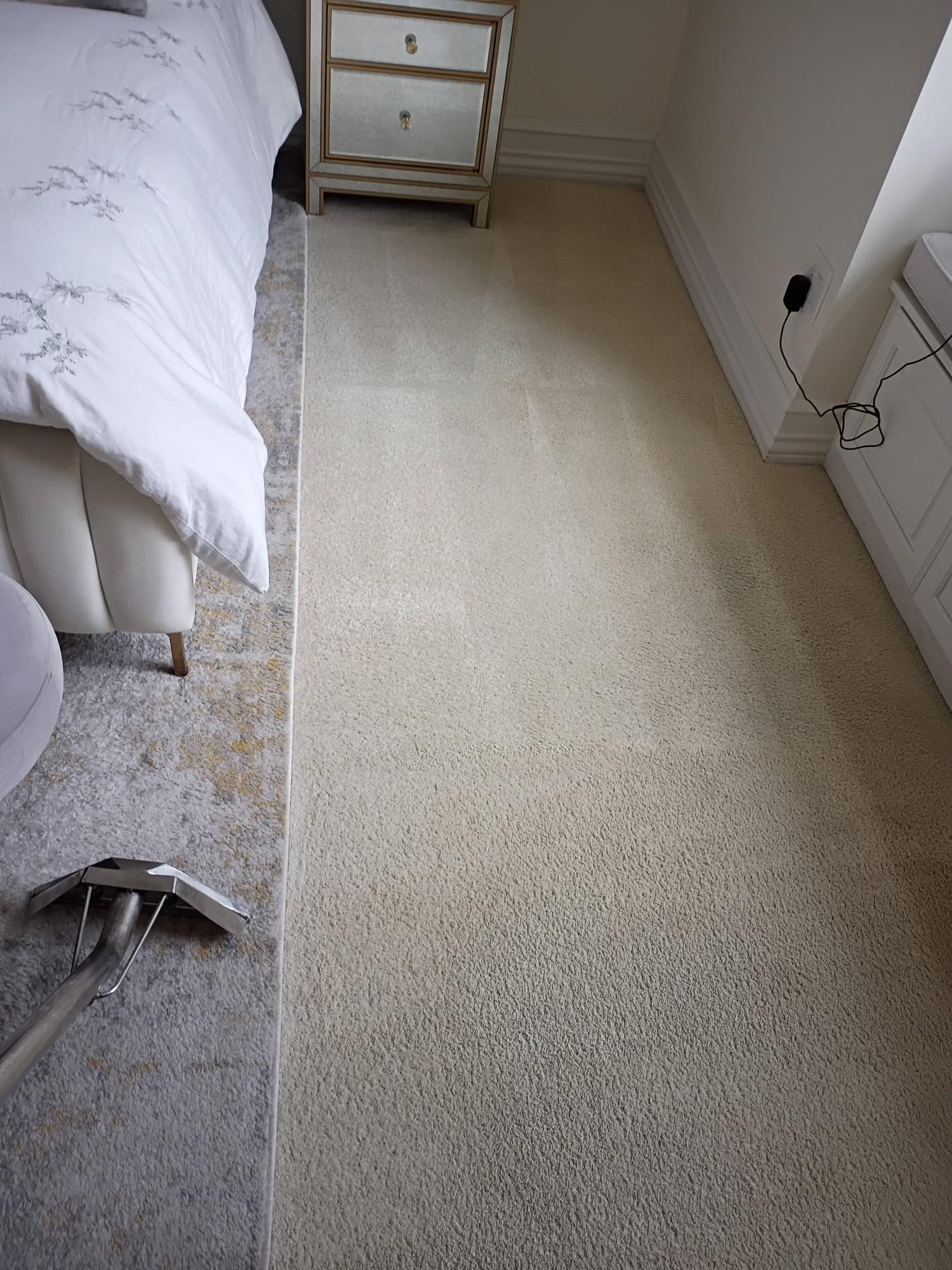 Bedroom carpet after cleaning showing crisp vacuum stripe lines