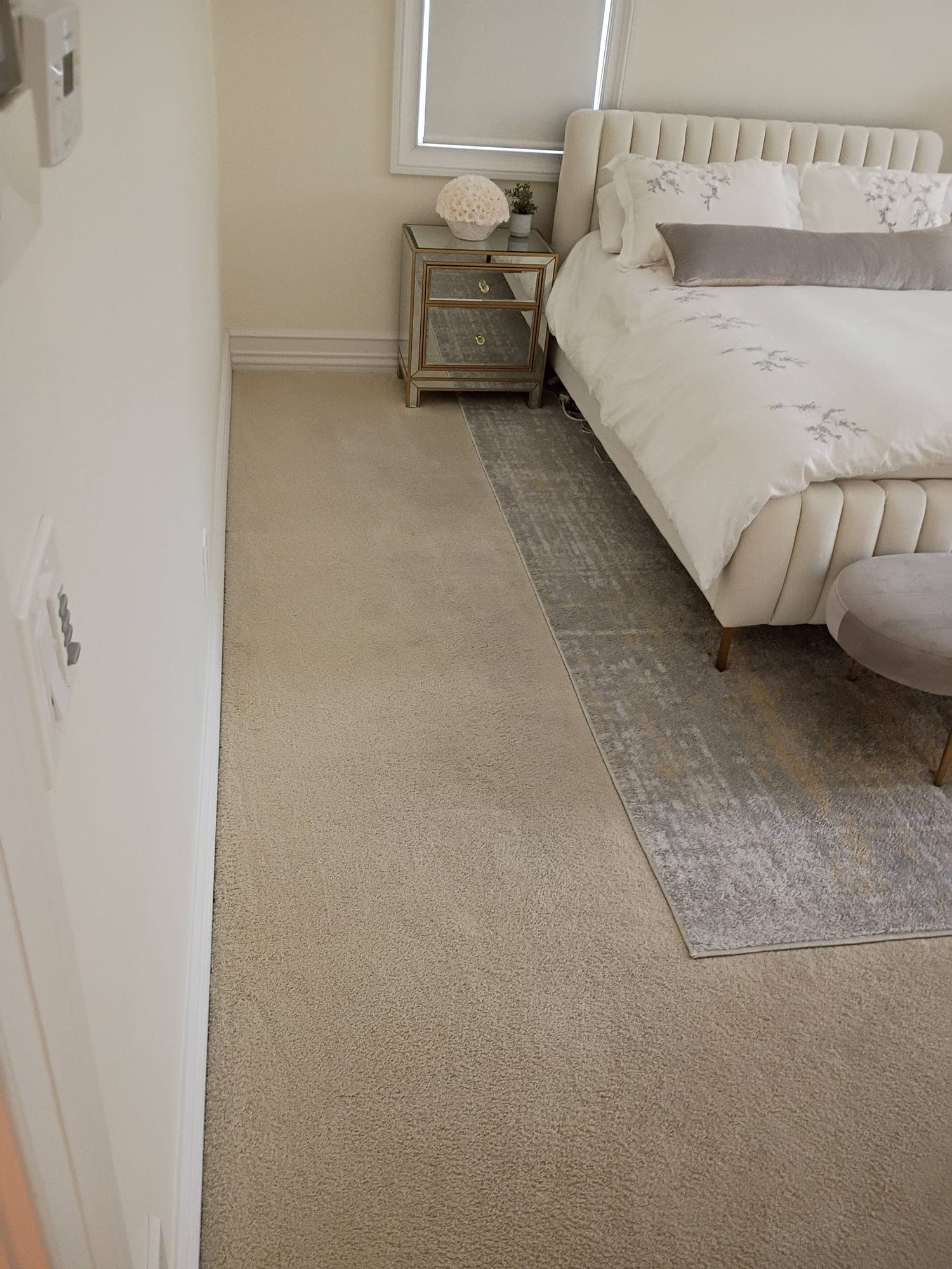 Bedroom carpet with cleaning wand near a mirrored nightstand