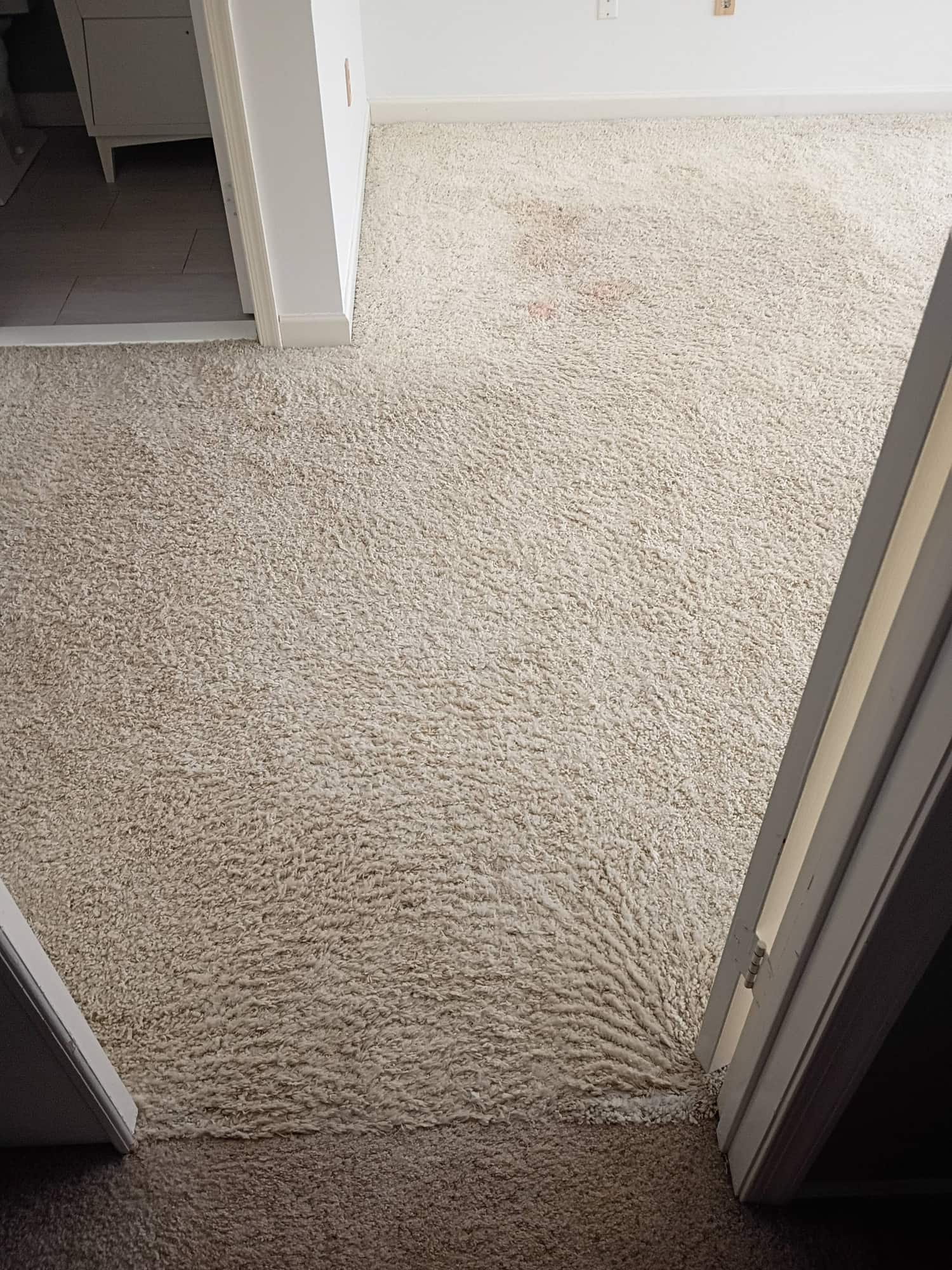 Beige carpet with visible stains near a bedroom doorway before cleaning