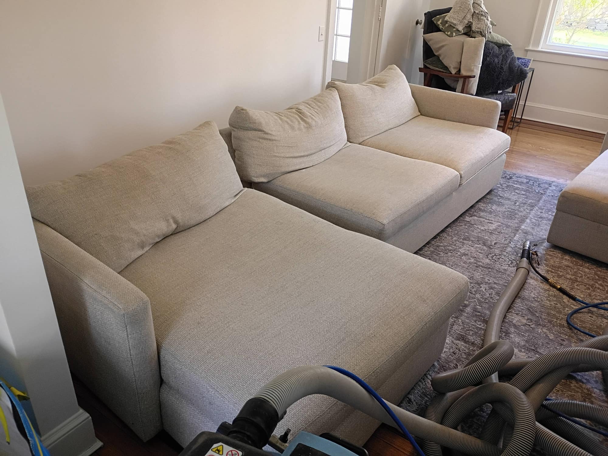 Beige sectional sofa in a bright living room with cleaning hose visible