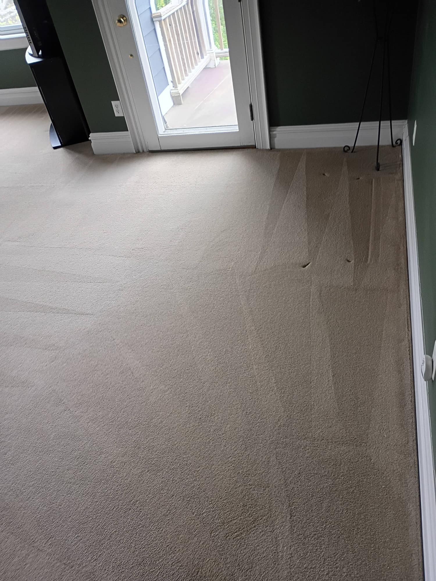Clean carpet with rake marks near a deck door and decor stand