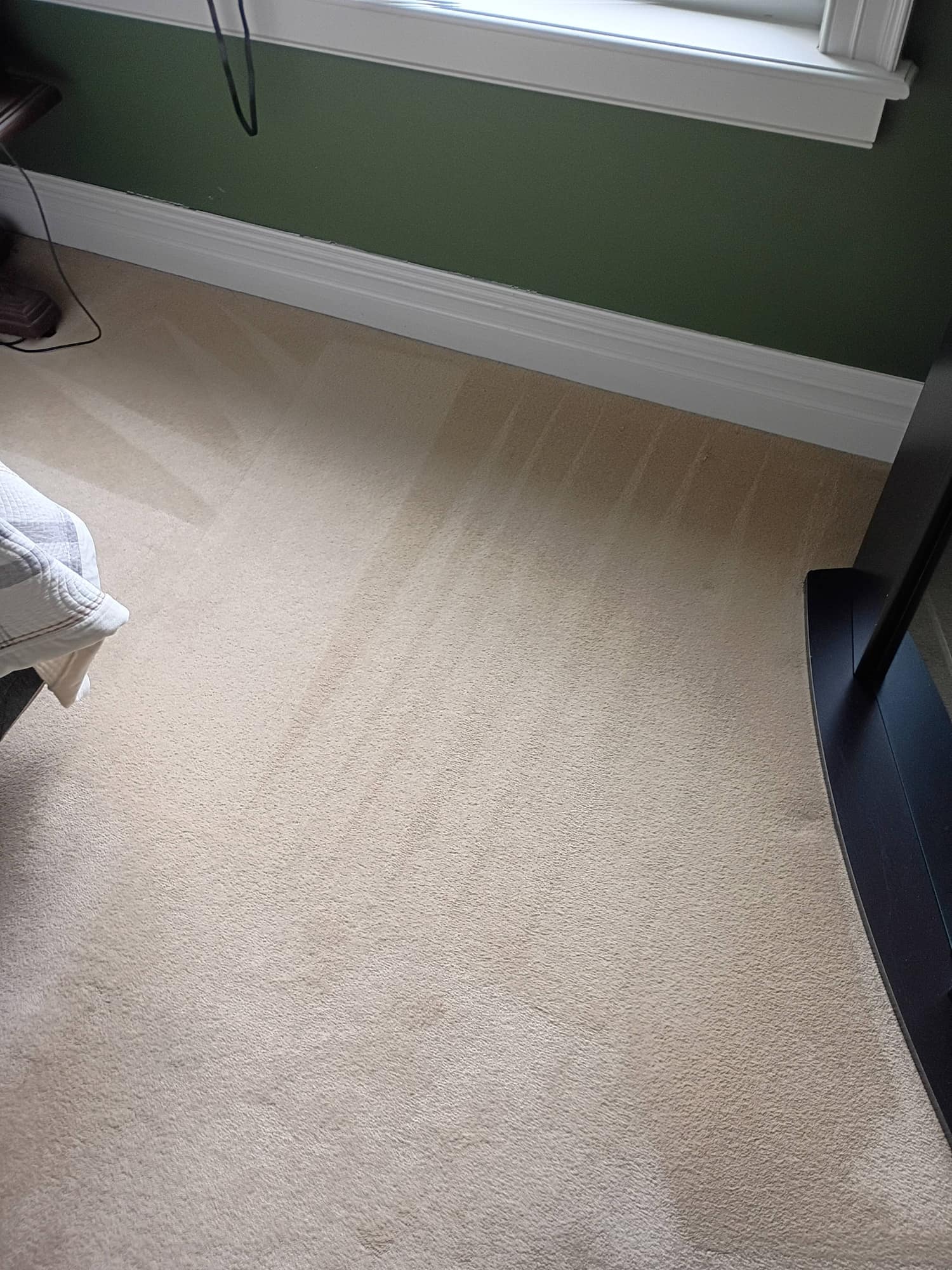 Carpet with visible cleaning streak marks near a desk