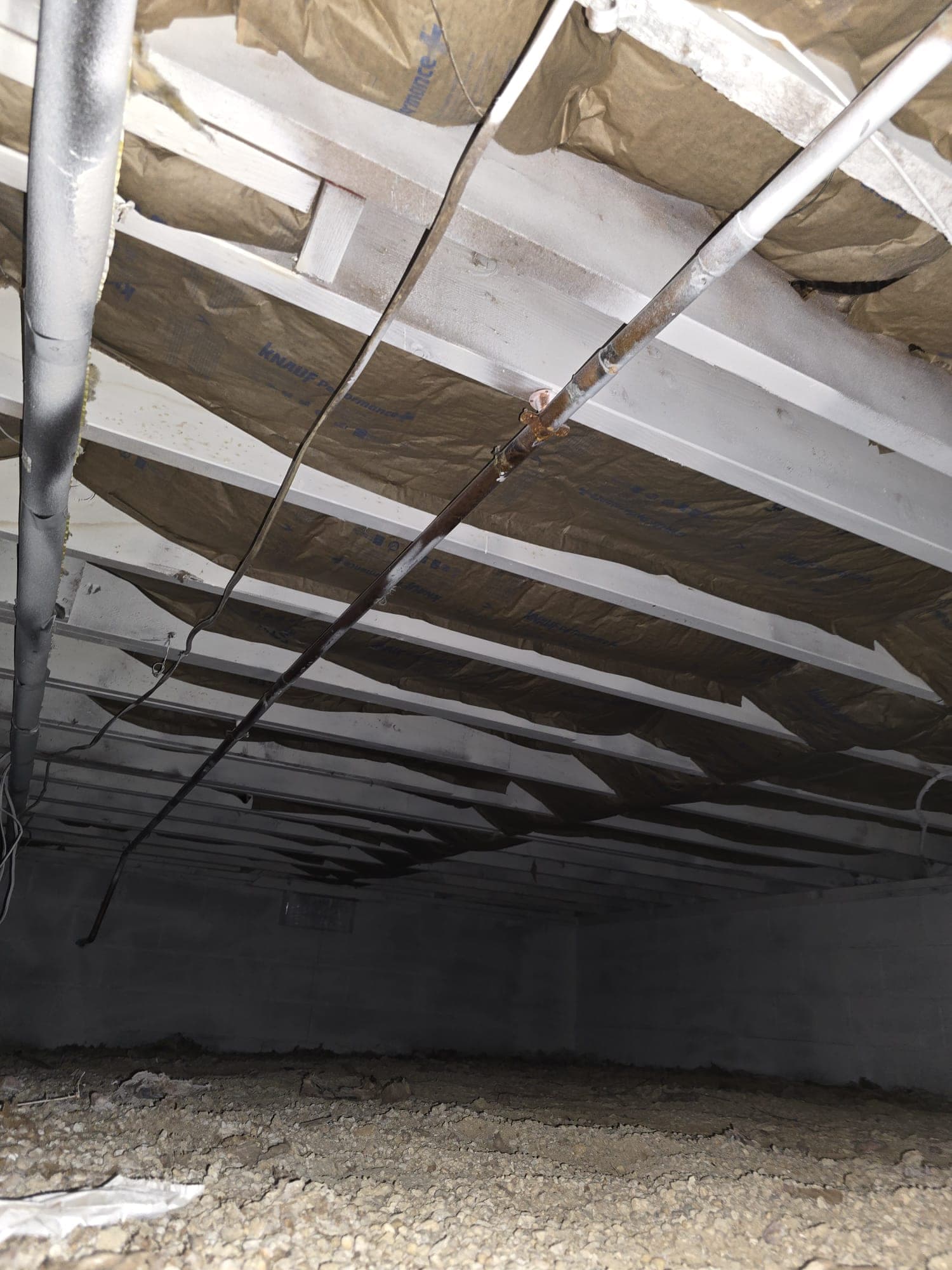 Crawlspace after mold remediation with joists sealed in white antimicrobial coating and new insulation
