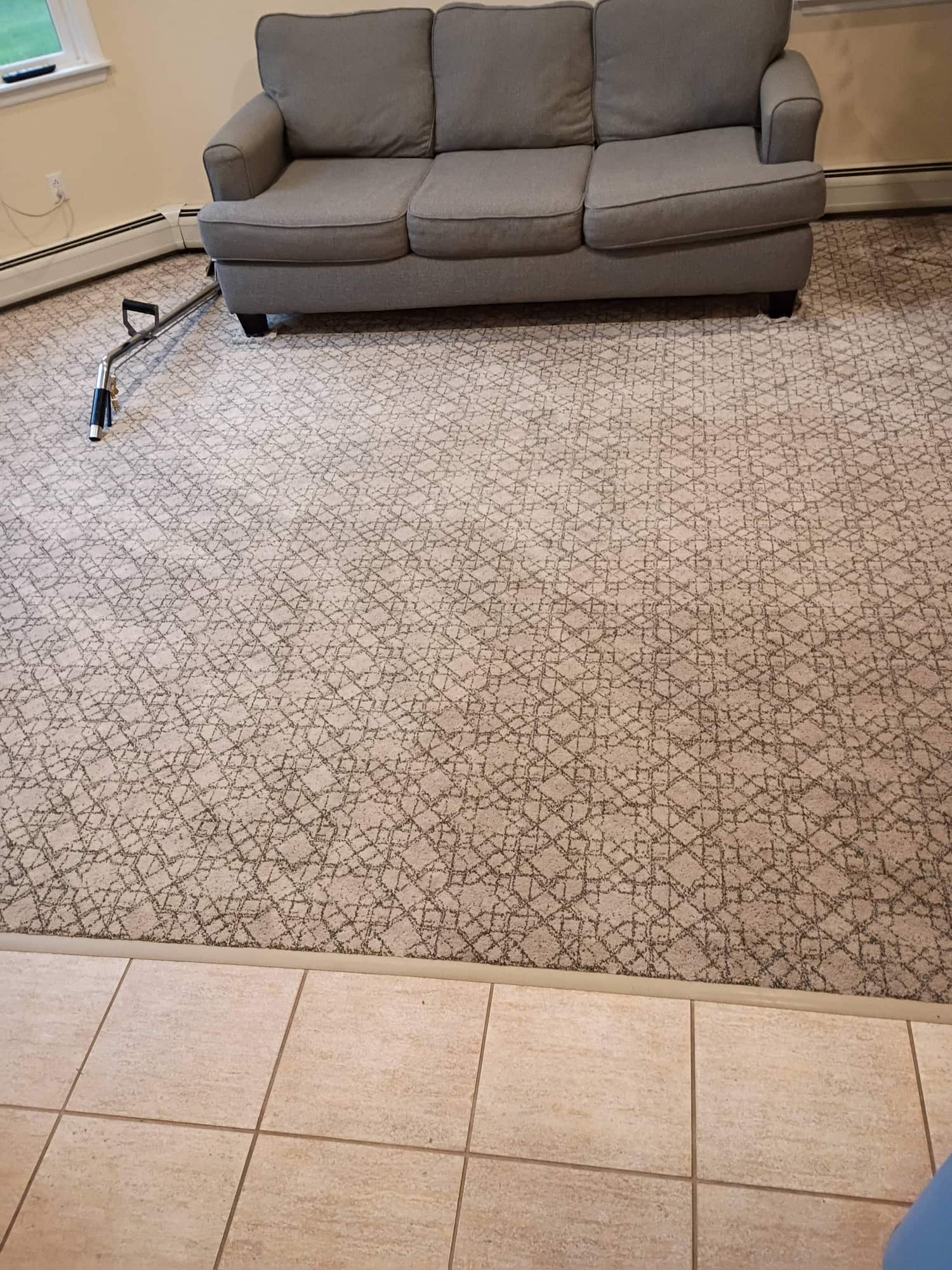 Living room carpet with extraction wand ready before deep cleaning