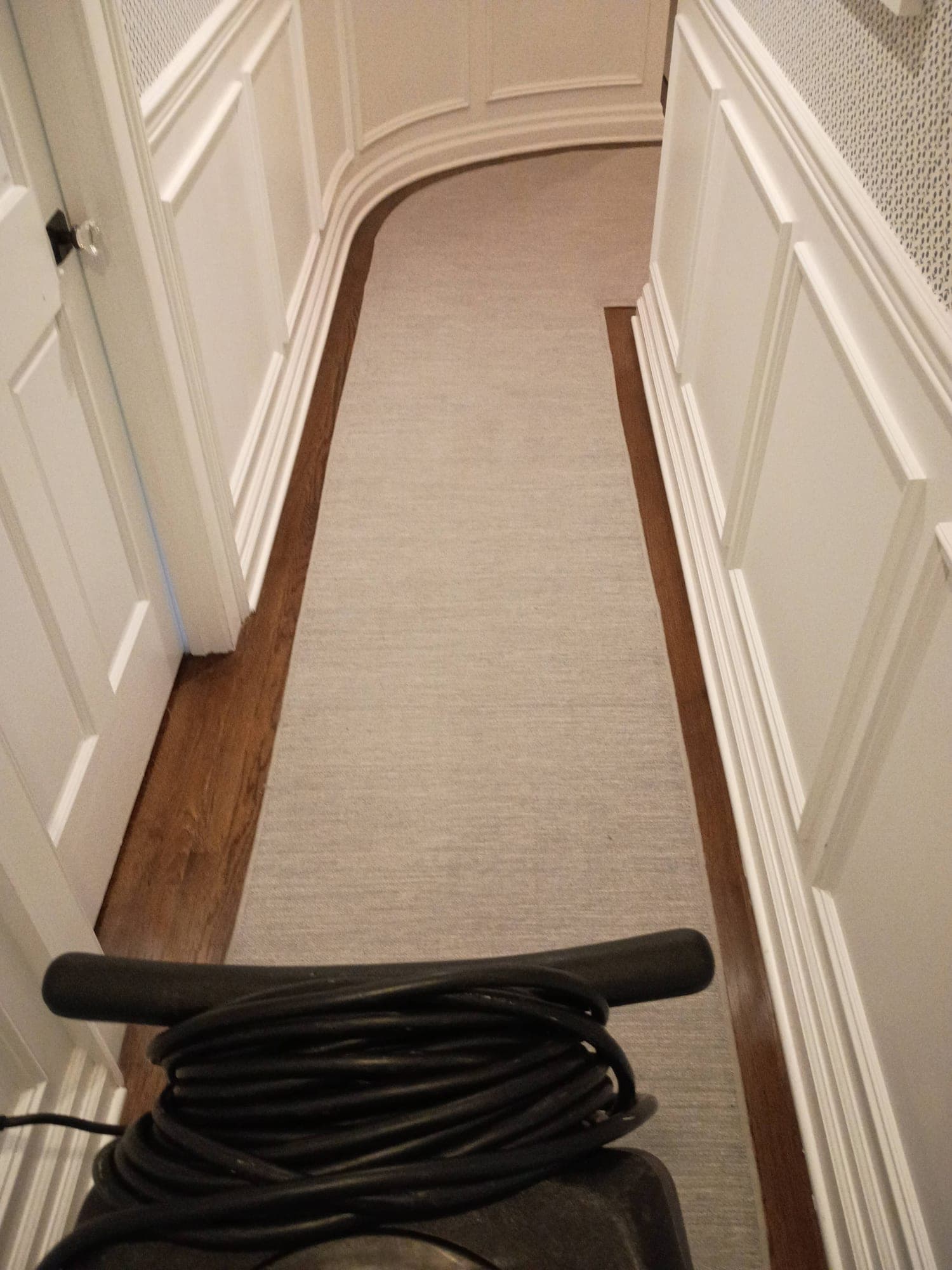 Hallway carpet runner between white wainscoting before cleaning