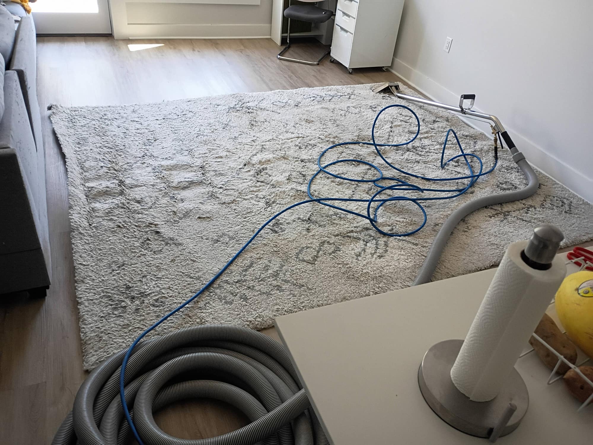 Shag area rug with cleaning hoses and wand in a home office