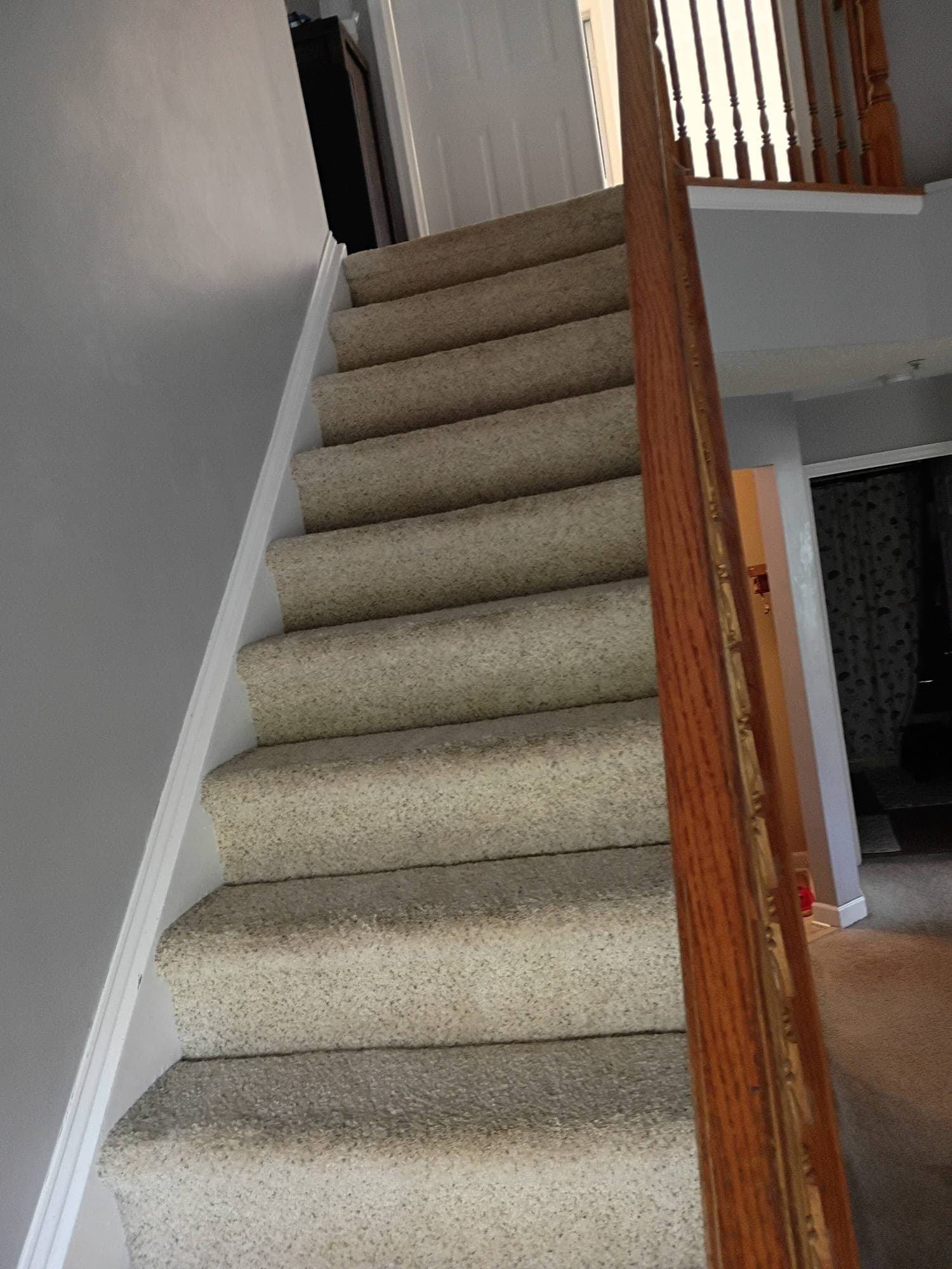 Full staircase with wood banister after carpet cleaning