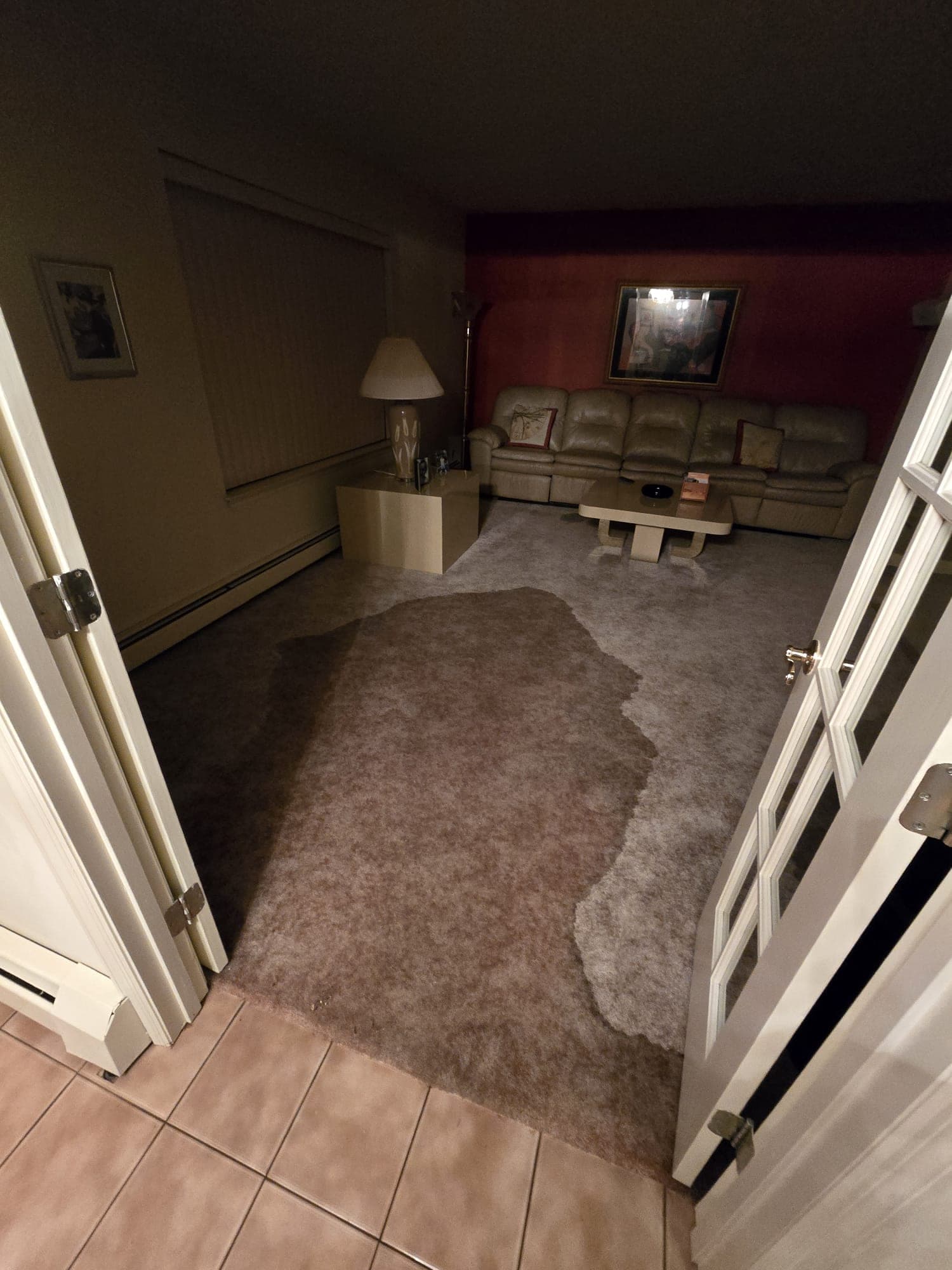 Large water-saturated patch spreading across wall-to-wall carpet in a finished basement