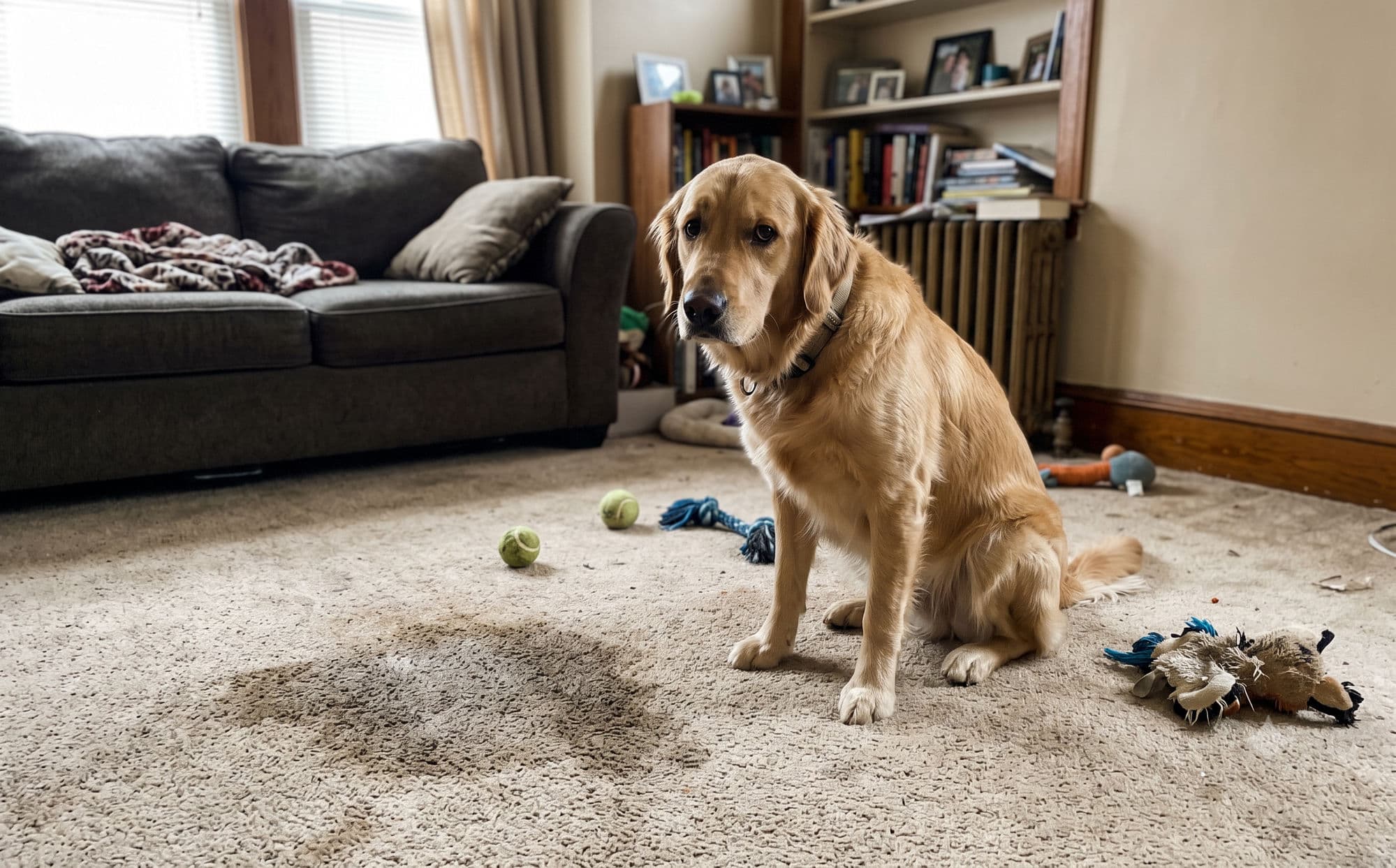 Dog sitting next to a stain on living room carpet