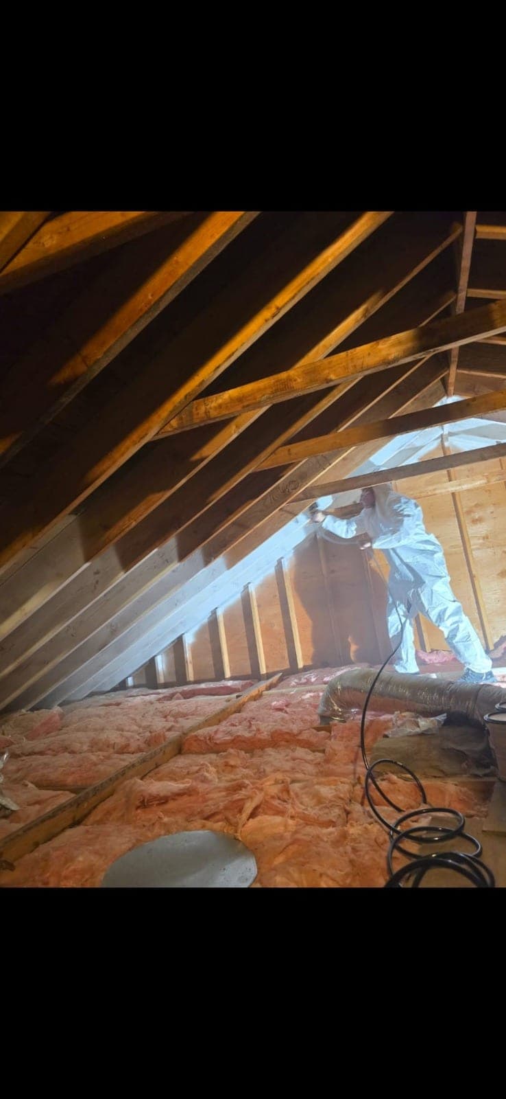 Technician in protective suit treating attic roof sheathing between exposed rafters