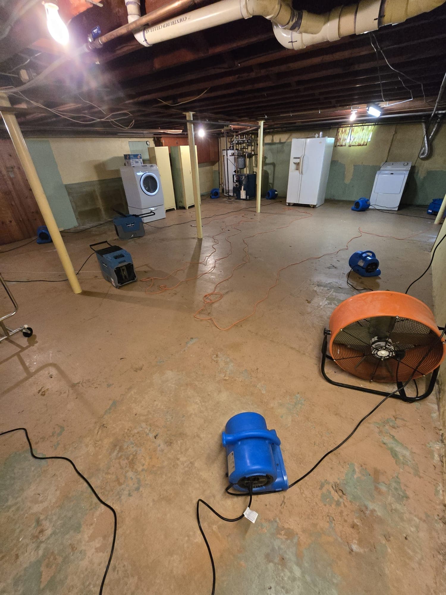 Air movers, an axial fan and a dehumidifier drying a flooded basement floor