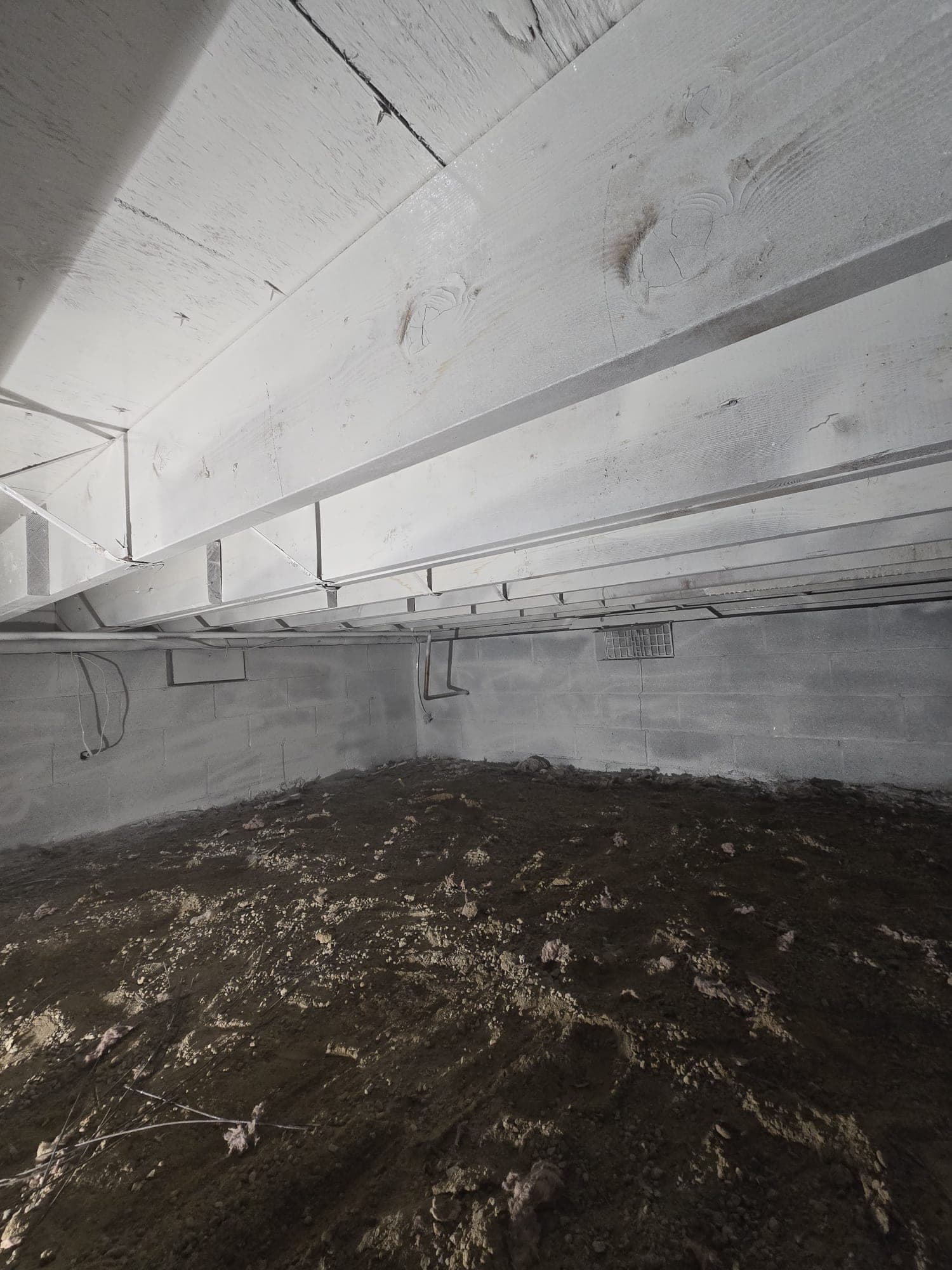 Encapsulated crawlspace after mold remediation with joists and foundation walls sealed white