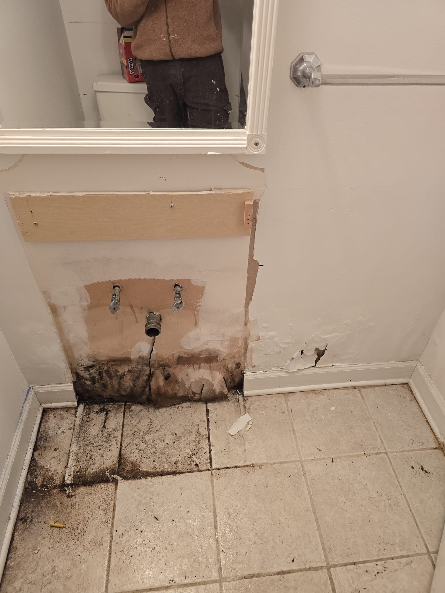 Mold-blackened, water-stained drywall exposed behind a removed bathroom vanity